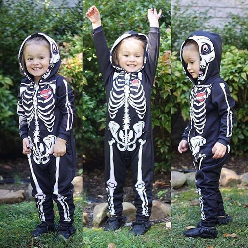 Baby Kids Halloween Clothing Skull Print Toddler Boys Girls Rompers Hooded Jumpsuit Bebe Skull Trick Clothes Zipper Outfits