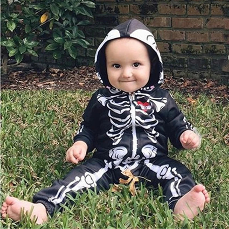 Baby Kids Halloween Clothing Skull Print Toddler Boys Girls Rompers Hooded Jumpsuit Bebe Skull Trick Clothes Zipper Outfits