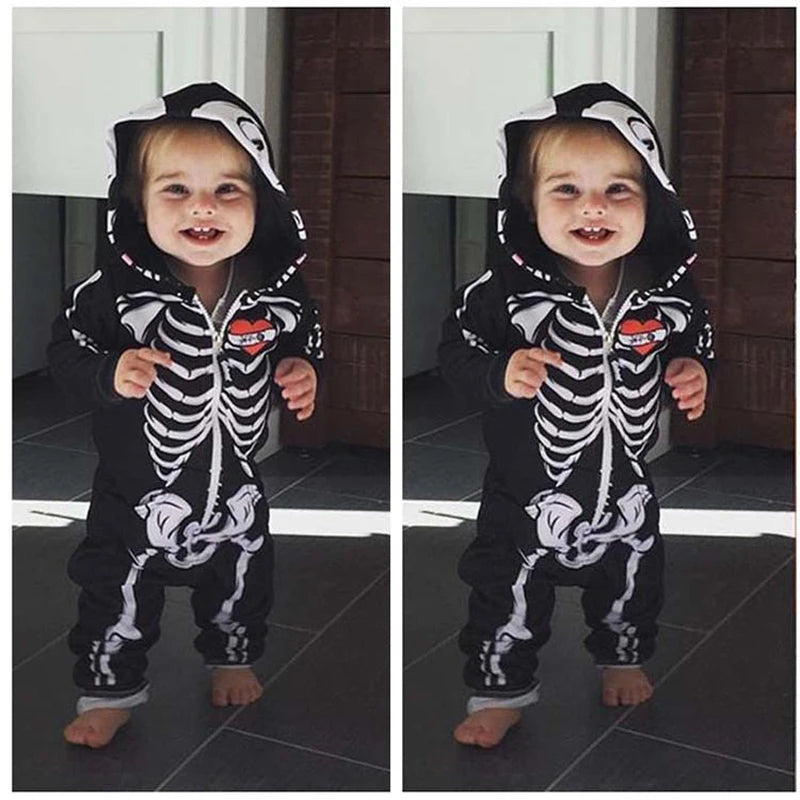 Baby Kids Halloween Clothing Skull Print Toddler Boys Girls Rompers Hooded Jumpsuit Bebe Skull Trick Clothes Zipper Outfits
