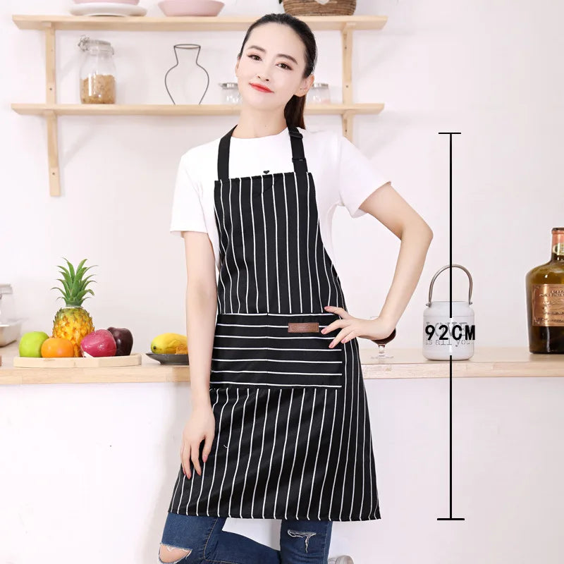 White Black Striped Man Woman Home Restaurant Kitchen Baking Nail Bib Oil Repellent Work Apron 2 Pockets Adjustable Clean Apron