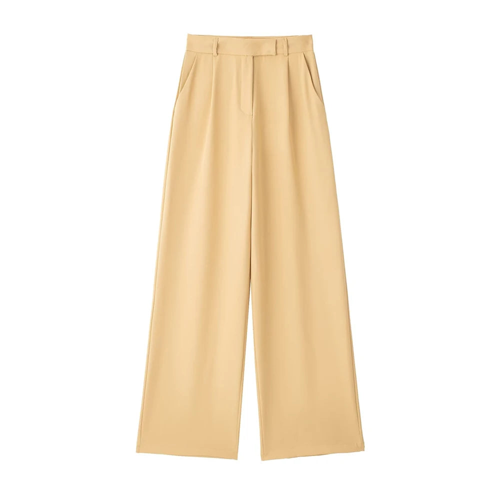 Women Fashion With Darts Front Pockets Wide Leg Pants Vintage High Waist Zipper Fly Female Trousers Mujer