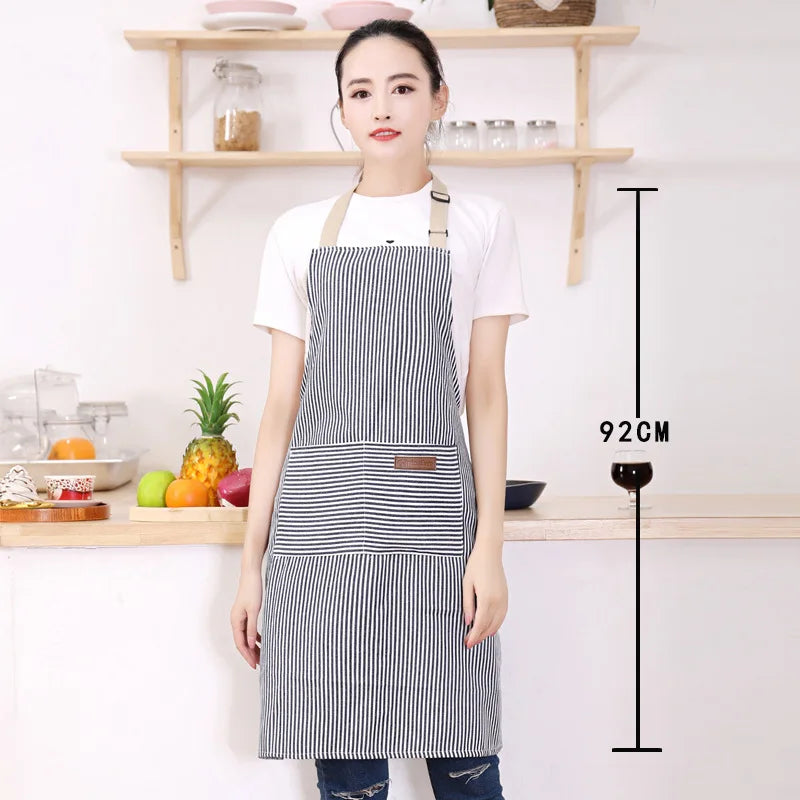 White Black Striped Man Woman Home Restaurant Kitchen Baking Nail Bib Oil Repellent Work Apron 2 Pockets Adjustable Clean Apron
