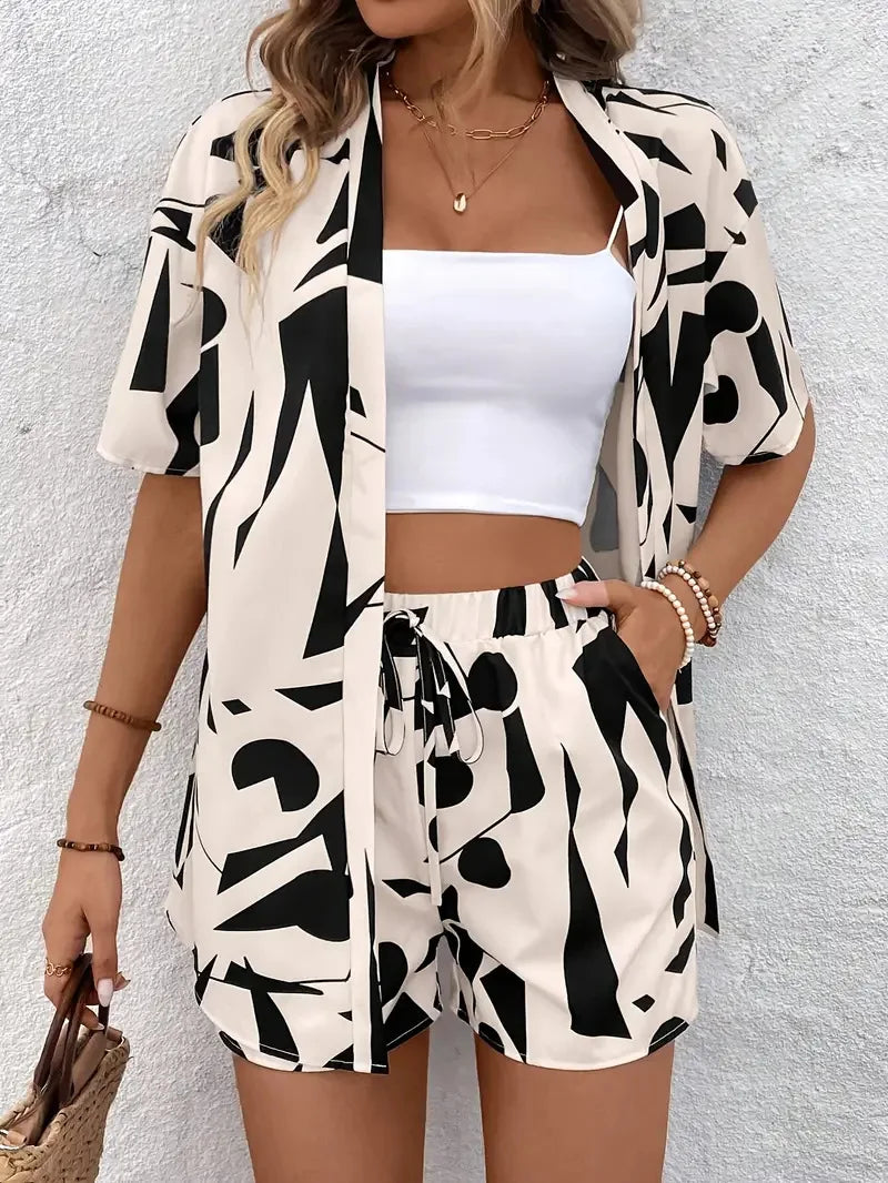Qx Ladies 2025 Non-elastic Polyester Ladies Casual Short Suit Korean Version Two-piece Suit Summer Fashion Print