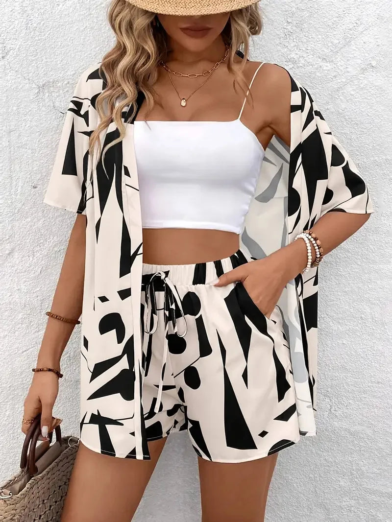 Qx Ladies 2025 Non-elastic Polyester Ladies Casual Short Suit Korean Version Two-piece Suit Summer Fashion Print