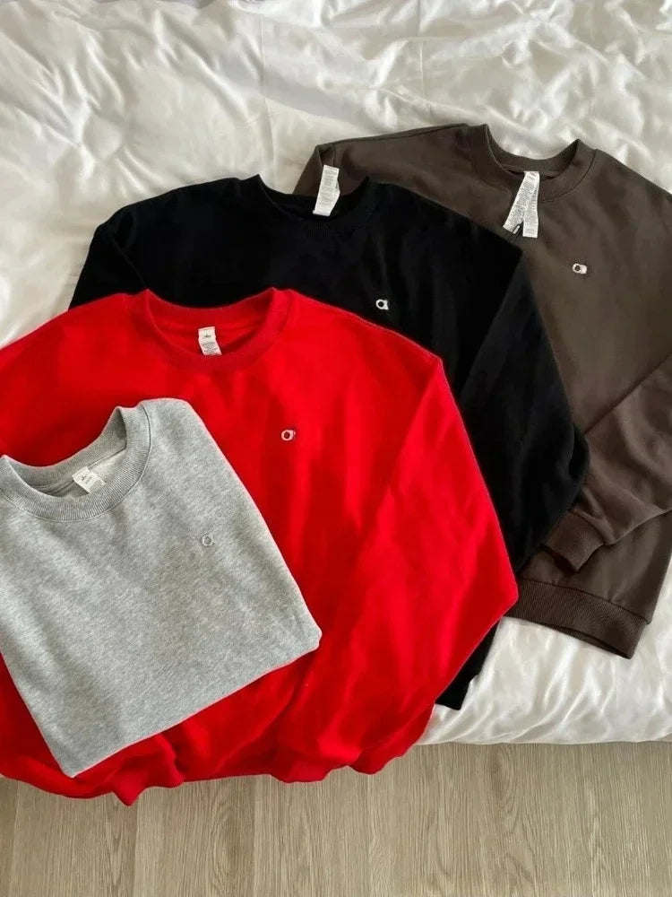 Women's Sports Sweatshirts O Neck Solid Black Red Classic Letter Loose Casual Pullovers Fashion Long Sleeve Hoodies for Women