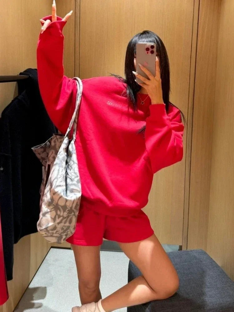 Women's Sports Sweatshirts O Neck Solid Black Red Classic Letter Loose Casual Pullovers Fashion Long Sleeve Hoodies for Women
