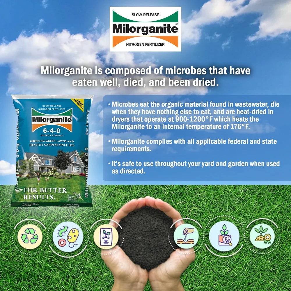 Long Lasting All Purpose Lawn Fertilizer 6-4-0 Slow Release Non Burning Organic 32 lb Cuts Mowing Time Reduces Watering NPK 10