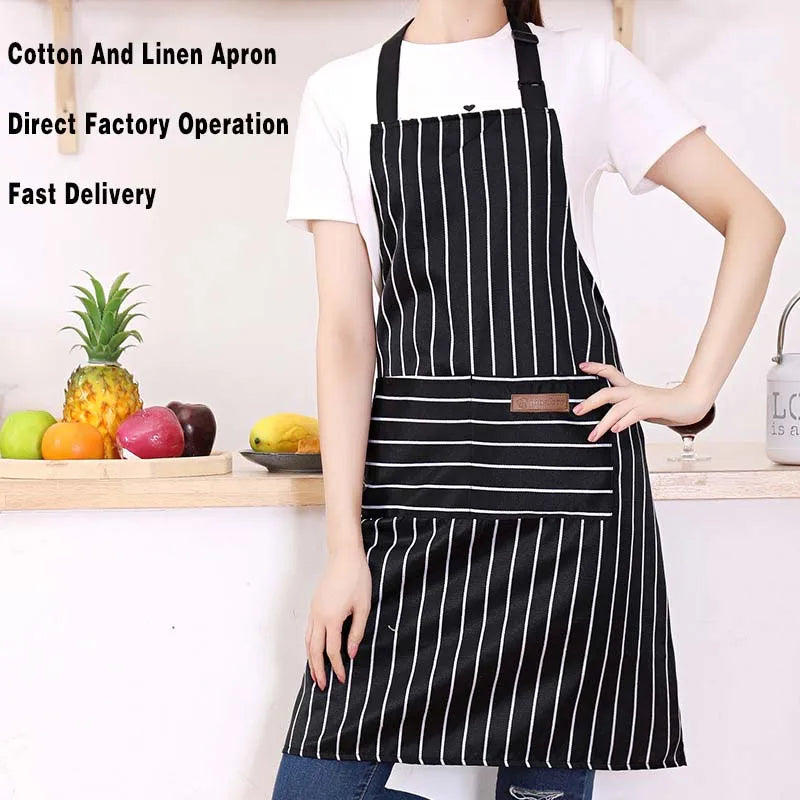 White Black Striped Man Woman Home Restaurant Kitchen Baking Nail Bib Oil Repellent Work Apron 2 Pockets Adjustable Clean Apron