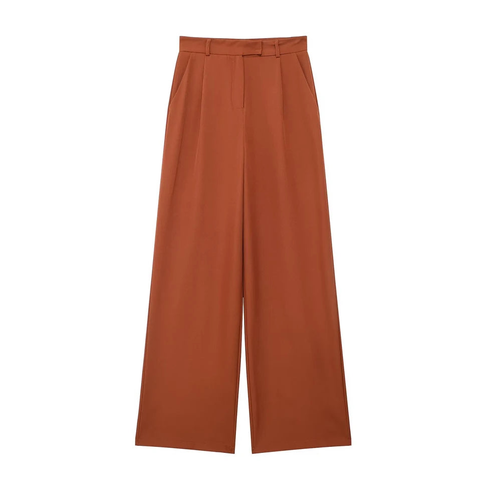 Women Fashion With Darts Front Pockets Wide Leg Pants Vintage High Waist Zipper Fly Female Trousers Mujer