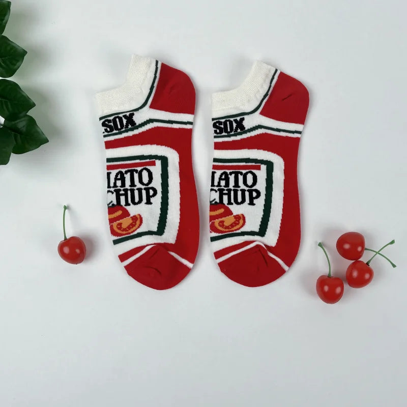 1 Pair Unisex Funny AB Style Tomato Ketchup French Fry Printed Mid-Calf Socks Suit In All Seasons