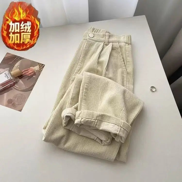 Retro High Waist Corduroy Pants Women Spring Fall Straight Causal Full Length Trousers Korean Fashion Baggy All Match Black Pant