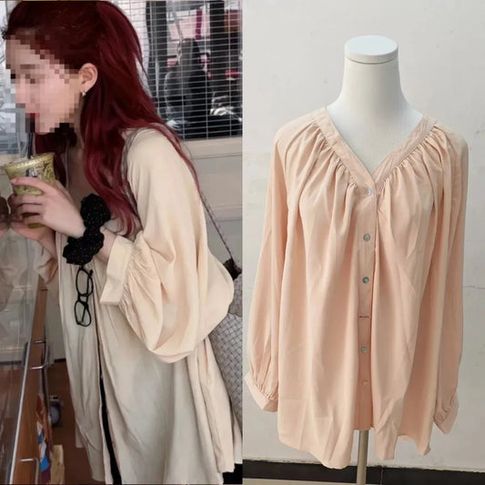 Long Sleeve V-Neck Loose Casual Sun Protection Shirt Cardigan Outerwear Apricot Color Zhao Lusi Style Women's Fashion Summer 202