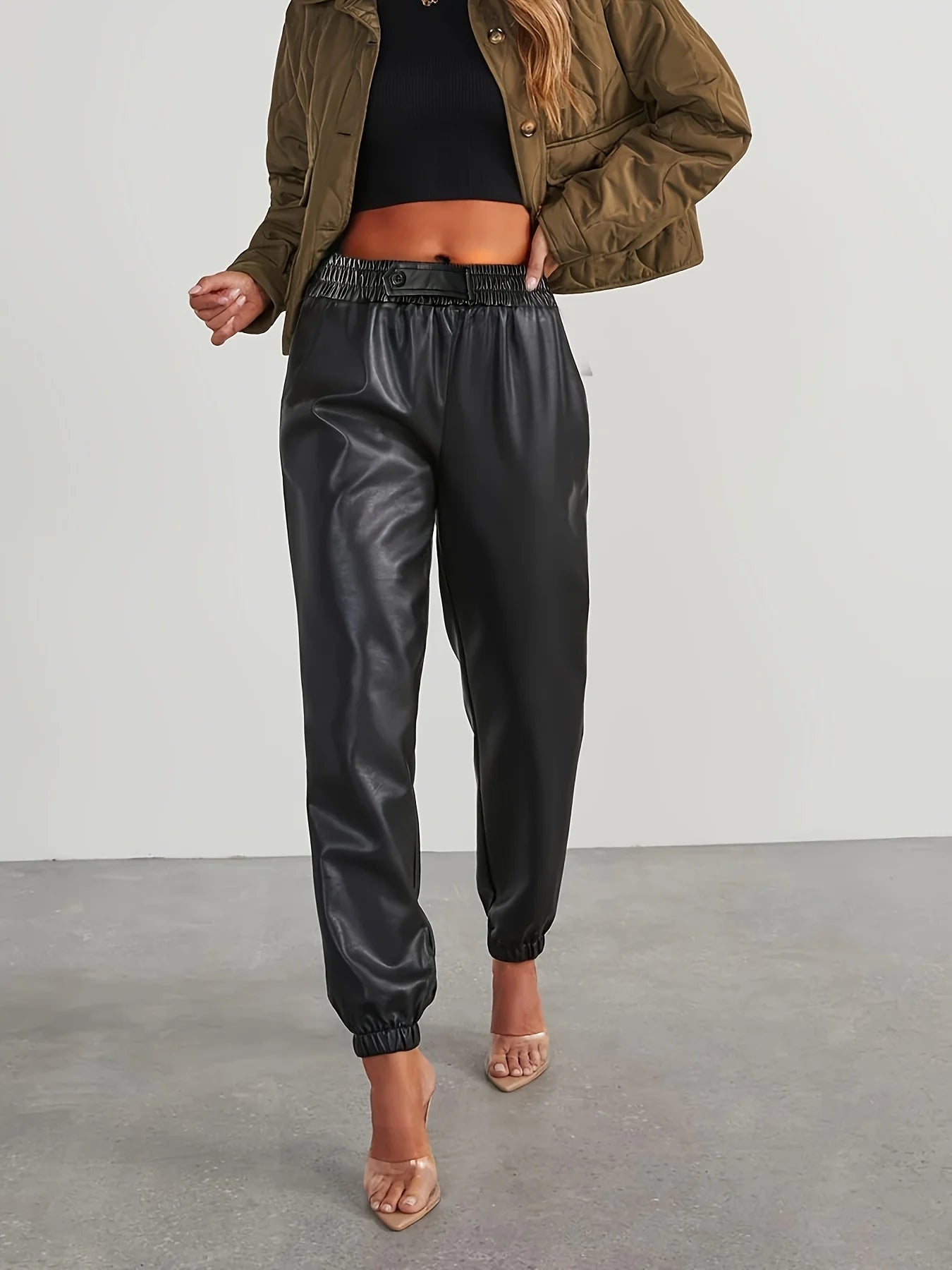Women's fashion PU leather elastic waist front loop single button casual sports pants women's clothing women's pants