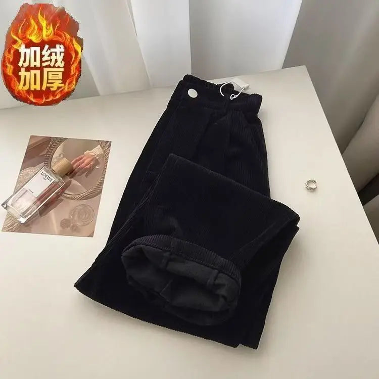 Retro High Waist Corduroy Pants Women Spring Fall Straight Causal Full Length Trousers Korean Fashion Baggy All Match Black Pant
