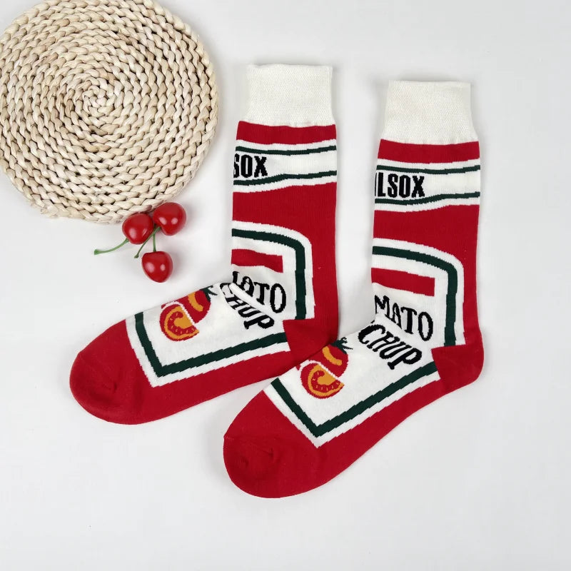 1 Pair Unisex Funny AB Style Tomato Ketchup French Fry Printed Mid-Calf Socks Suit In All Seasons