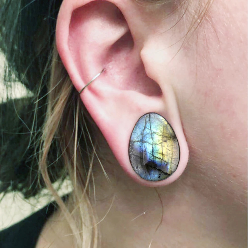 Organic Labradorite Stone Ear Plugs Tunnels Flesh Double Flare Earlet Gauges Expander Round Teardrop Piercing Oreja Body Jewelry