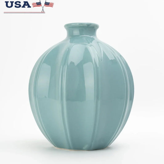 Ceramic Oval Vase Decorative Home Accent Ribbed Texture Timeless Blue Color Ideal Fresh Faux Flowers Indoor Display