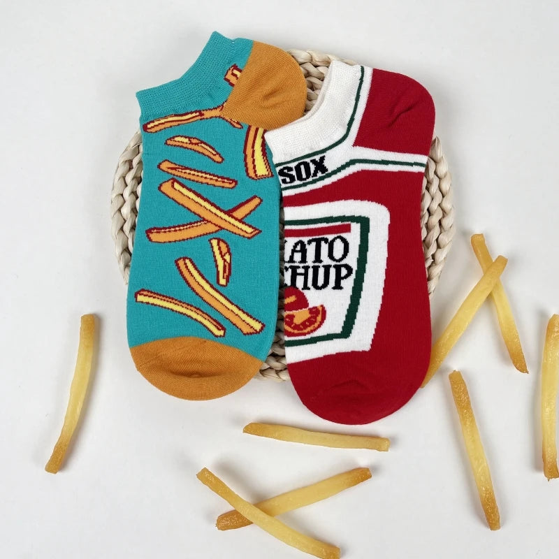 1 Pair Unisex Funny AB Style Tomato Ketchup French Fry Printed Mid-Calf Socks Suit In All Seasons