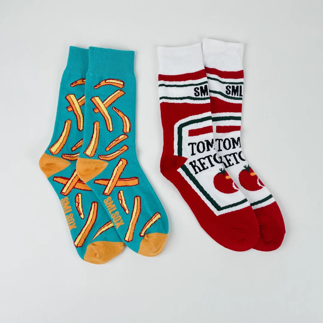 1 Pair Unisex Funny AB Style Tomato Ketchup French Fry Printed Mid-Calf Socks Suit In All Seasons