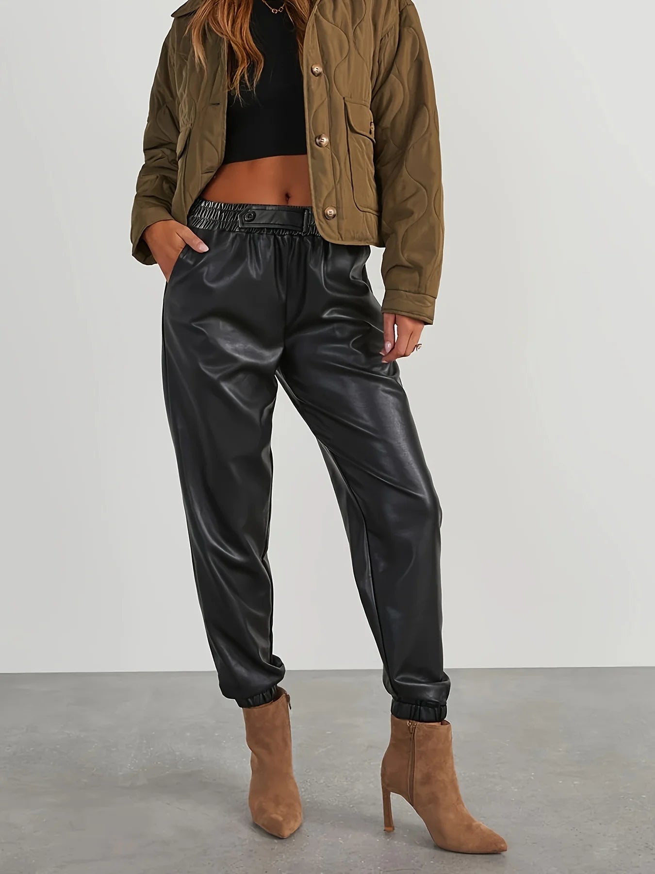 Women's fashion PU leather elastic waist front loop single button casual sports pants women's clothing women's pants