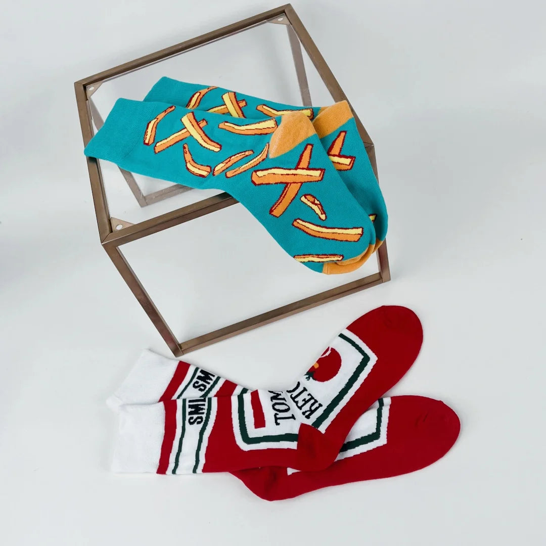 1 Pair Unisex Funny AB Style Tomato Ketchup French Fry Printed Mid-Calf Socks Suit In All Seasons