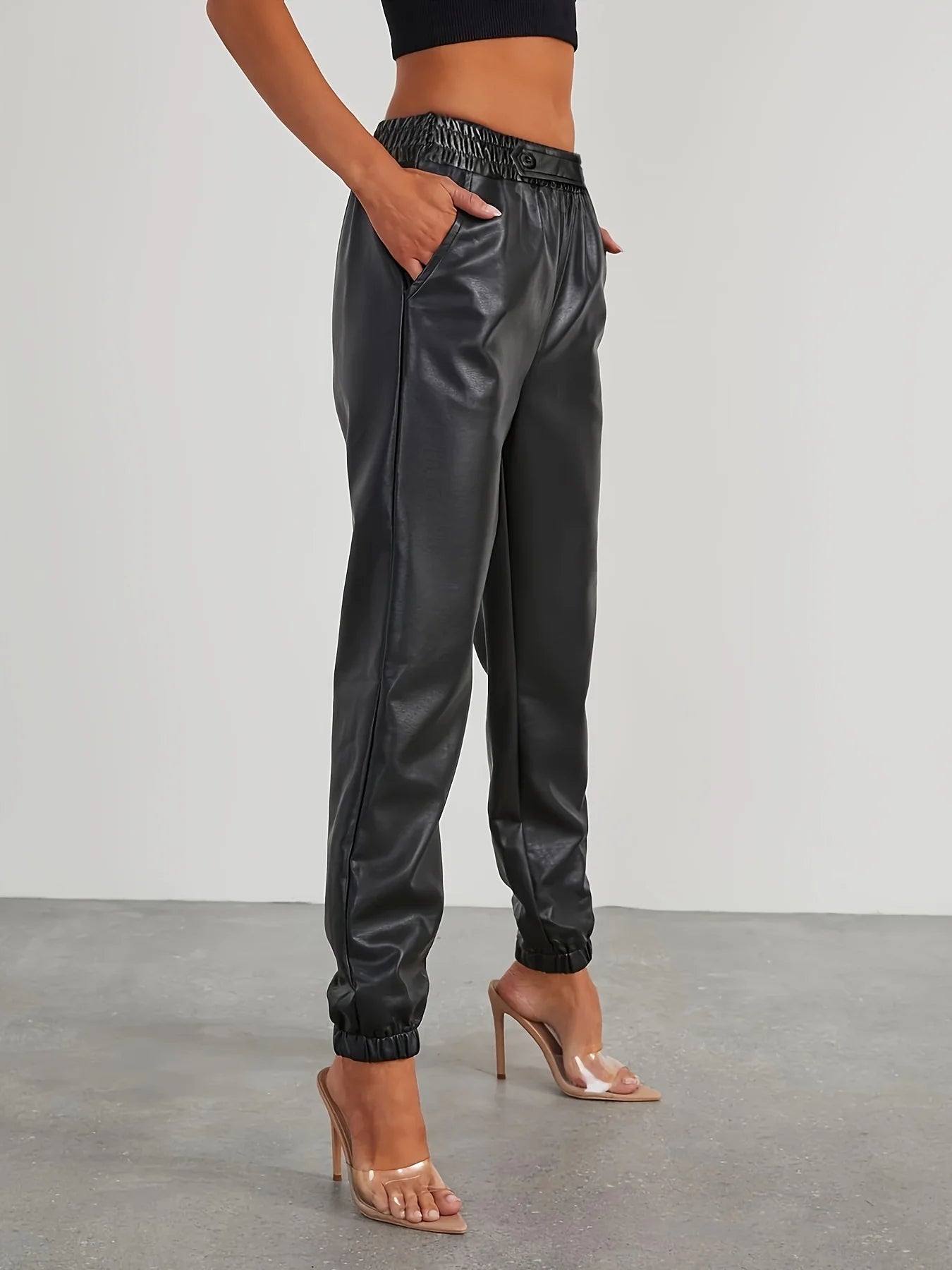Women's fashion PU leather elastic waist front loop single button casual sports pants women's clothing women's pants
