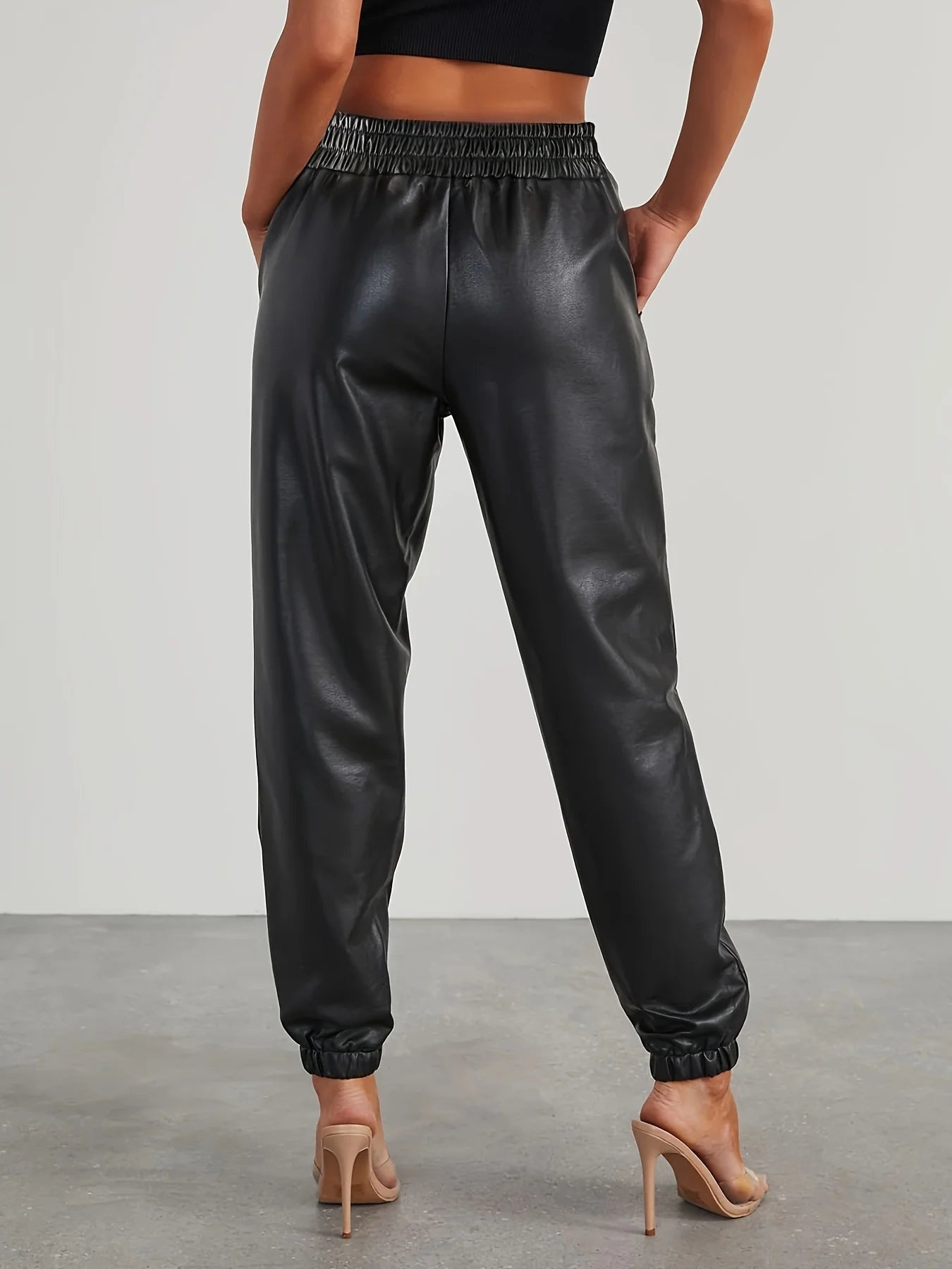 Women's fashion PU leather elastic waist front loop single button casual sports pants women's clothing women's pants