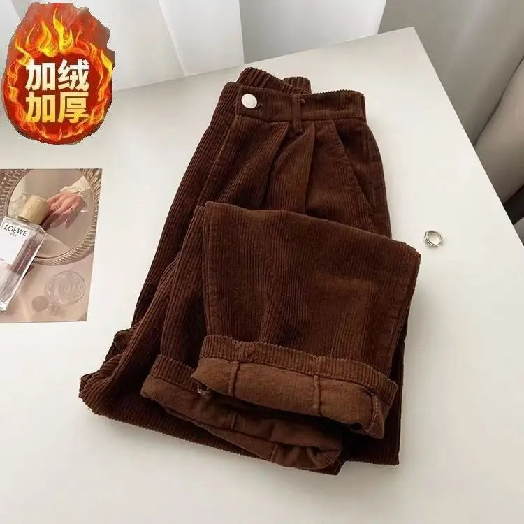 Retro High Waist Corduroy Pants Women Spring Fall Straight Causal Full Length Trousers Korean Fashion Baggy All Match Black Pant
