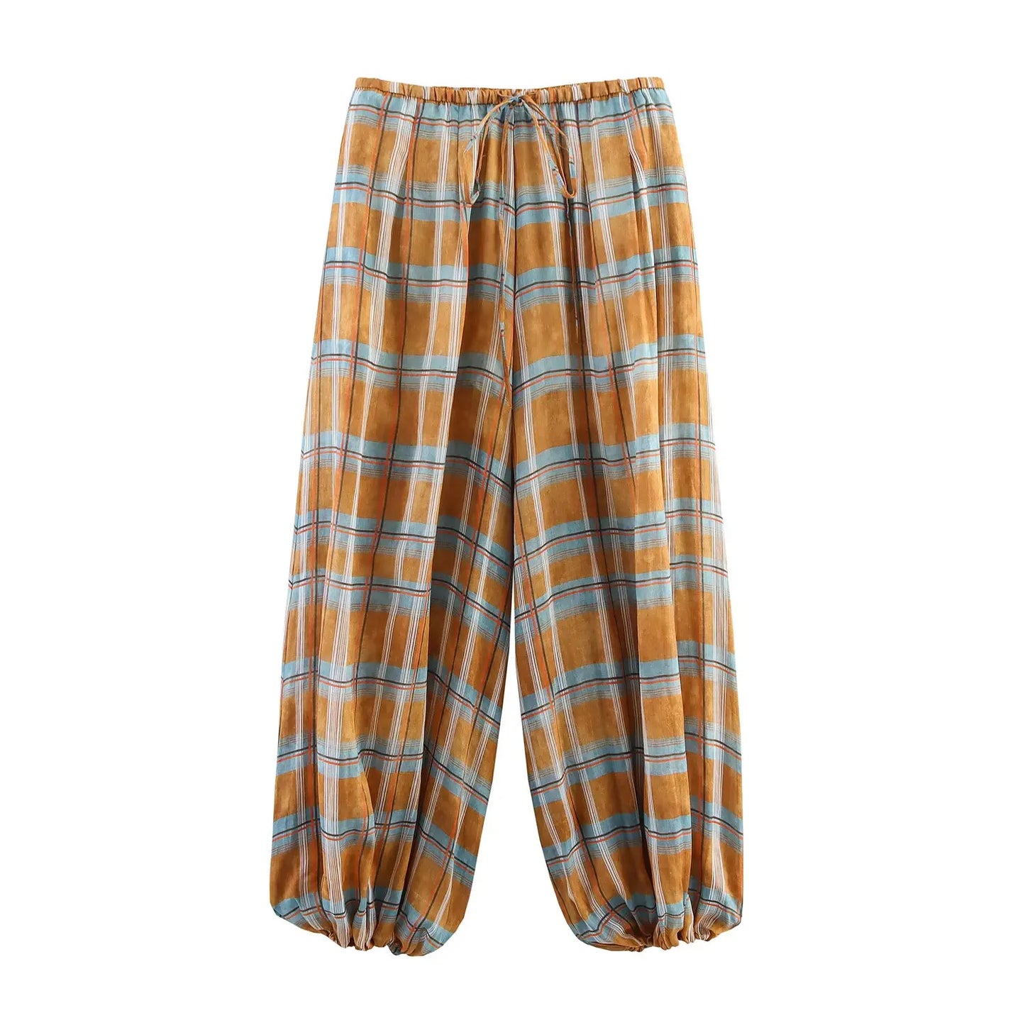 HH Women Autumn New Ramie Bloomers Plaid Printed Loose Pants Female Fashion Versatile Drawstring Streetwear Casual Trousers