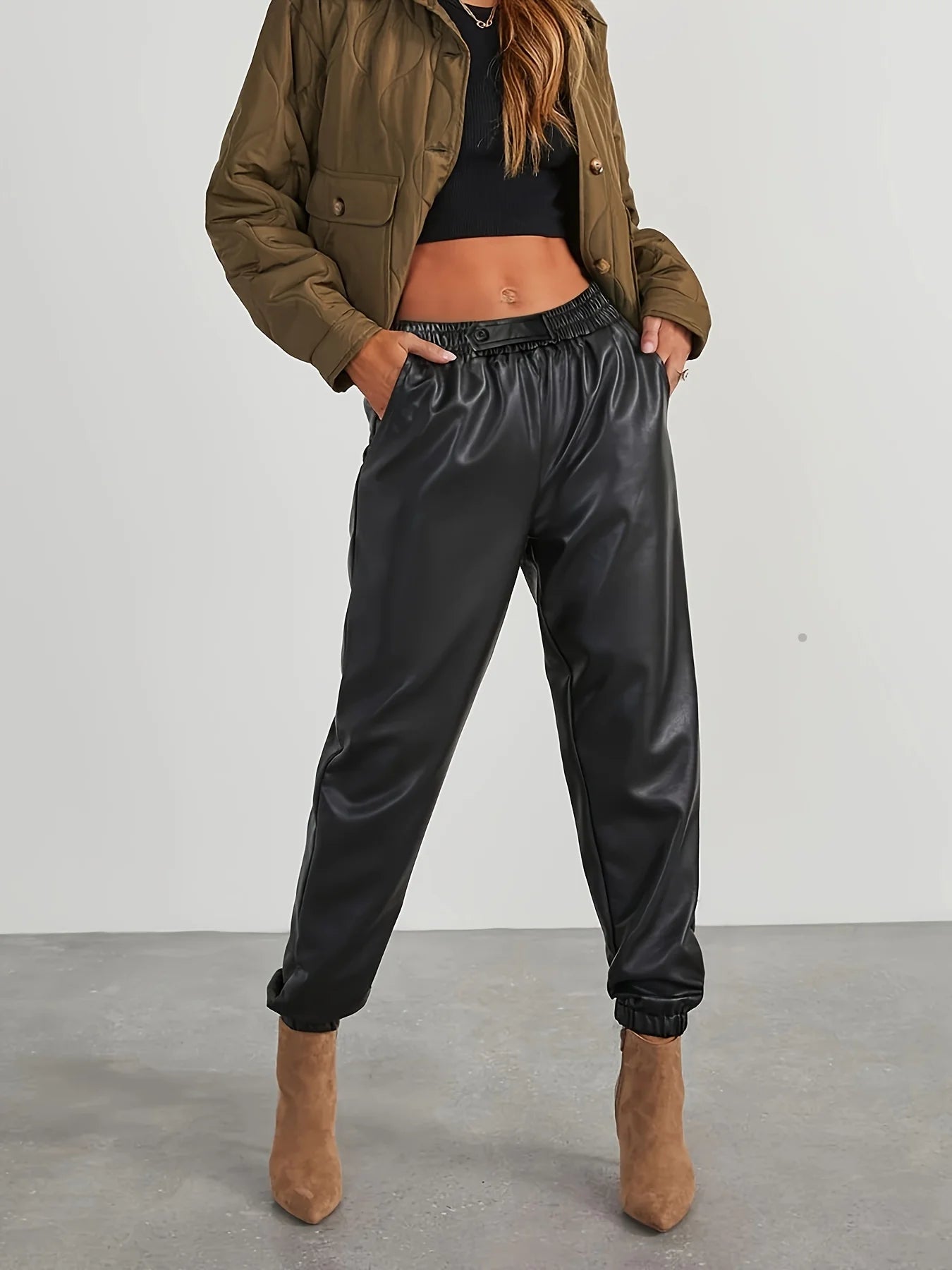 Women's fashion PU leather elastic waist front loop single button casual sports pants women's clothing women's pants