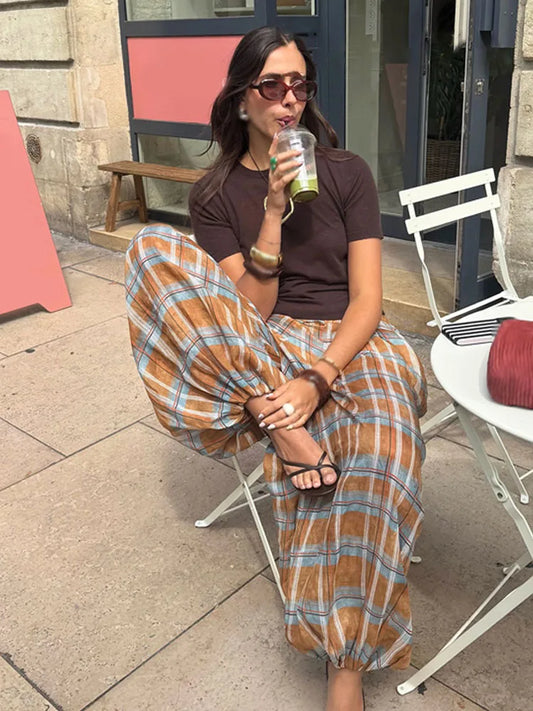 HH Women Autumn New Ramie Bloomers Plaid Printed Loose Pants Female Fashion Versatile Drawstring Streetwear Casual Trousers