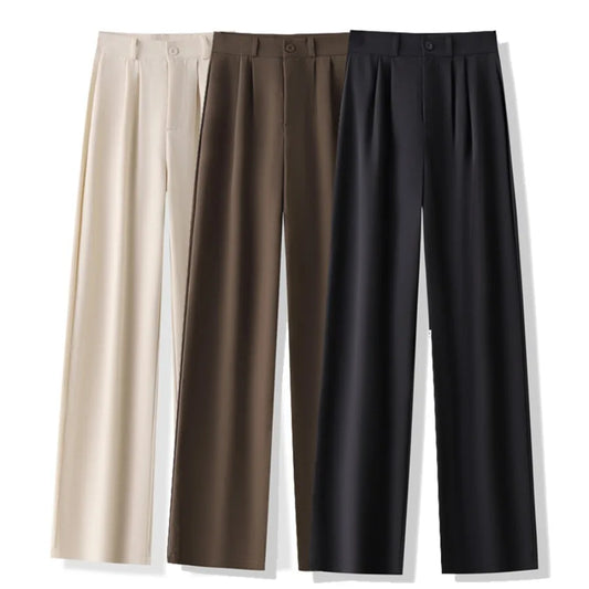 2024 New High Waist Women Suit Pants Straight Office Ladies Fashion Trousers Casual Button Loose Female Coffee Black Pants