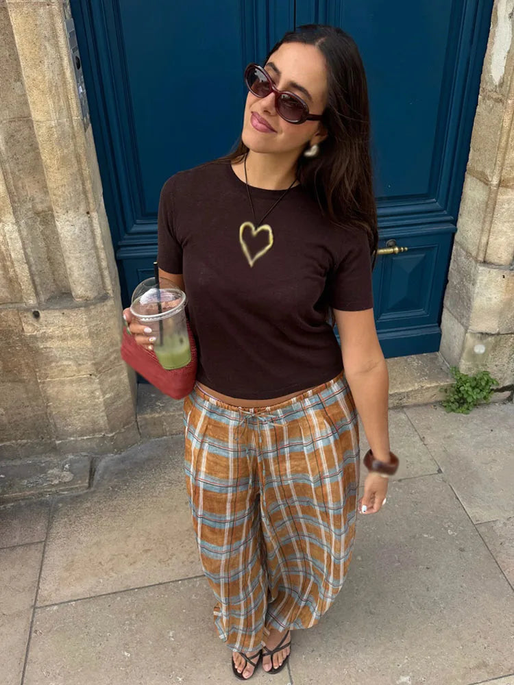 HH Women Autumn New Ramie Bloomers Plaid Printed Loose Pants Female Fashion Versatile Drawstring Streetwear Casual Trousers